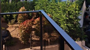 Un edificio moderno de varios pisos con balcones, una zona de piscina y vegetación circundante.