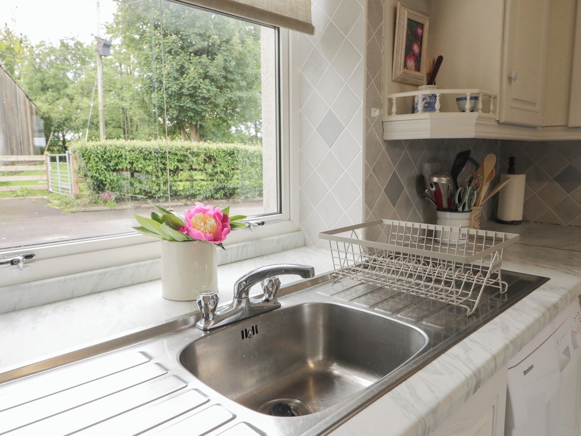 Una cocina con un lavamanos de acero inoxidable, un escurreplatos y una ventana con vistas al verdor.
