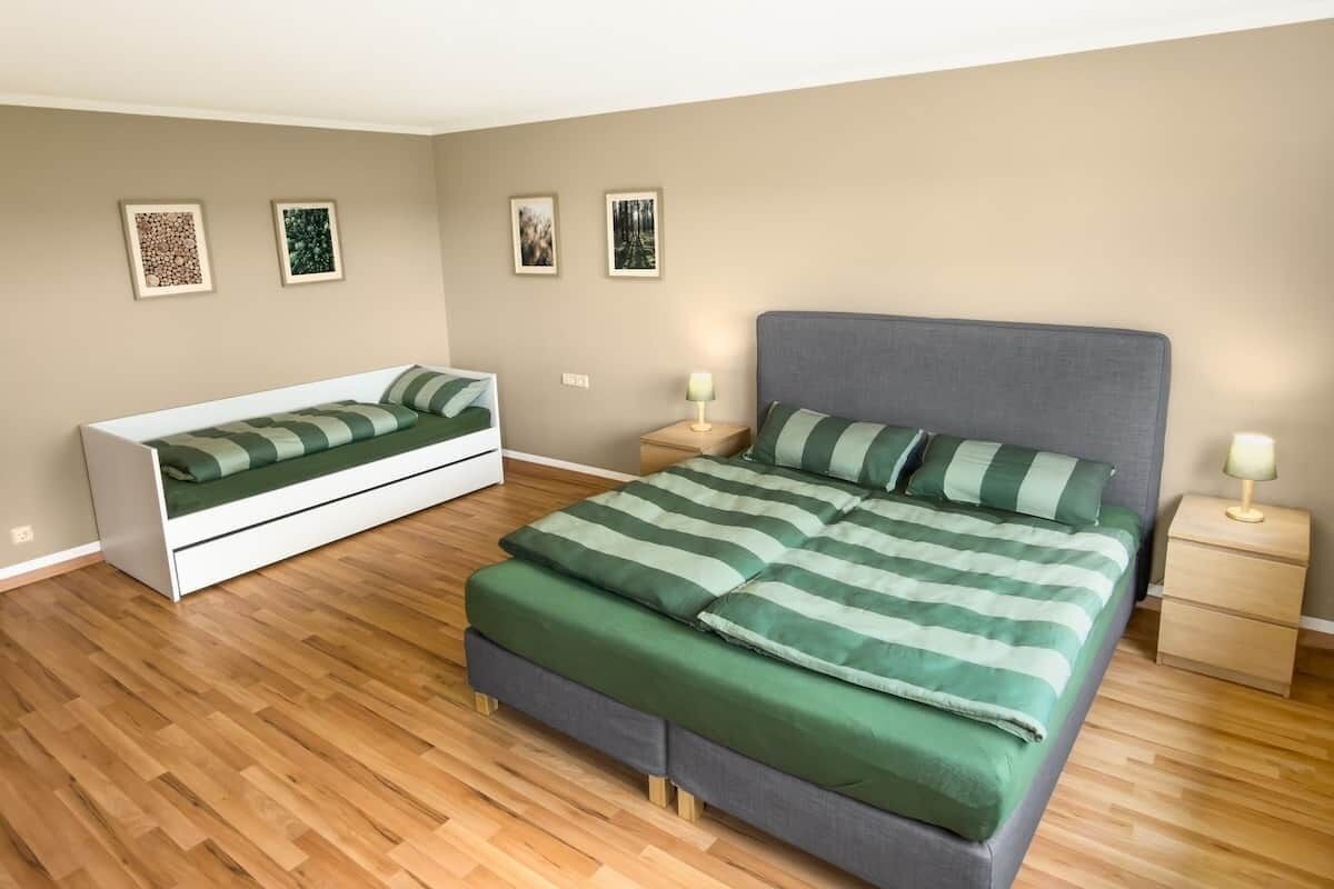 Un dormitorio con una cama, un sofá cama, dos mesitas de noche y una obra de arte en la pared.