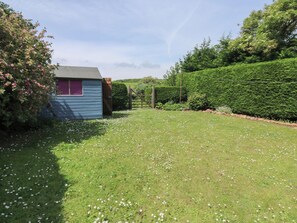 A blue shed with a purple window, surrounded by a well-maintained lawn with white flowers, and dense green hedges. - Tracey Cottage (Newton Abbot)