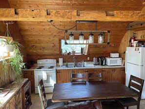 A rustic kitchen with wooden walls, a wooden dining table, and basic appliances.