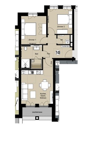 Ein Grundriss mit zwei Schlafzimmern, einer Küche, einer Essecke, einem Badezimmer und einem Wohnzimmer.