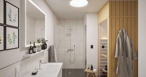 Ein modernes Badezimmer mit Dusche, Waschbecken und einem Holzschrank.