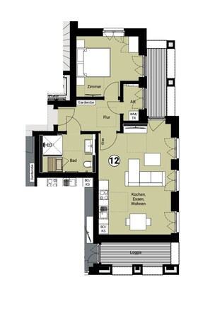 Un plan d’étage comprenant un salon, une cuisine, un coin repas, une salle de bain et deux chambres.