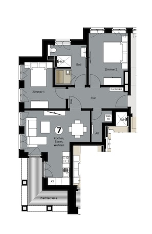 Ein Grundriss mit Küche, Essbereich, zwei Schlafzimmern, einem Badezimmer und einem Wohnzimmer.