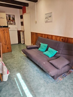 Een kamer met een bank, een kitchenette en een radiator.
