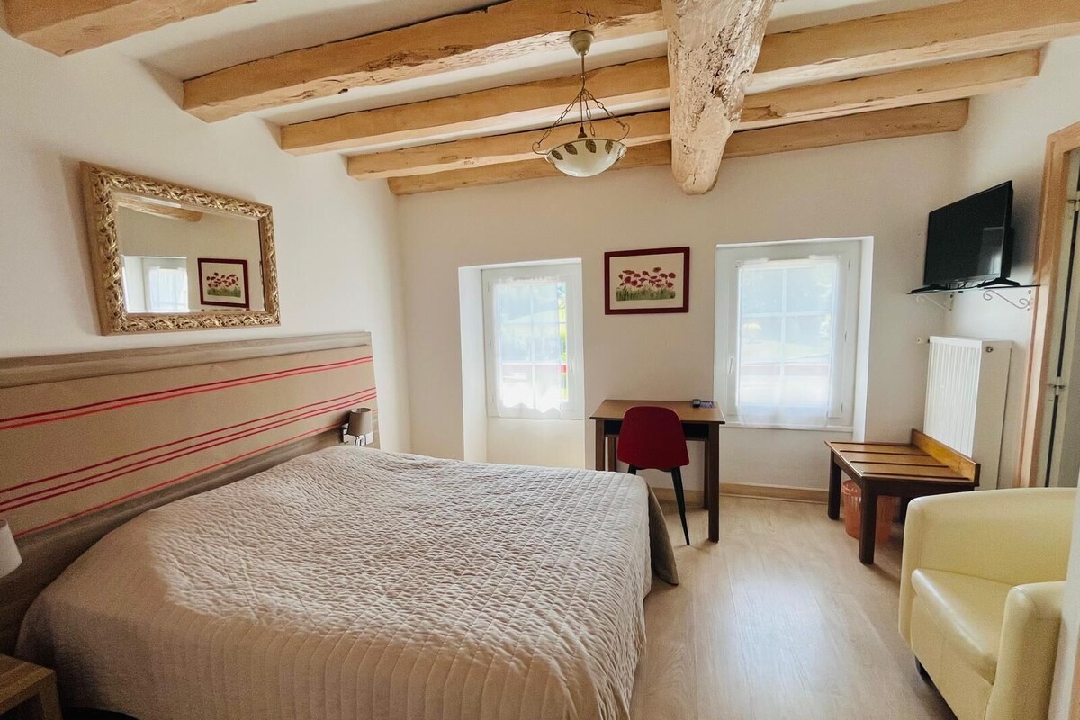 Un dormitorio con cama, escritorio, silla, televisor y espejo.