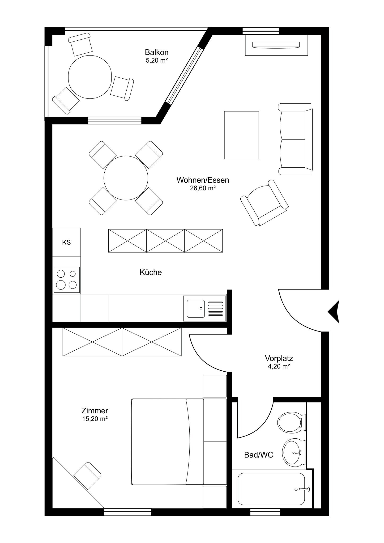 Un plan d’étage d’une chambre d’hôtel comprenant un balcon, un espace de vie, une cuisine, une salle de bain et une chambre à coucher.