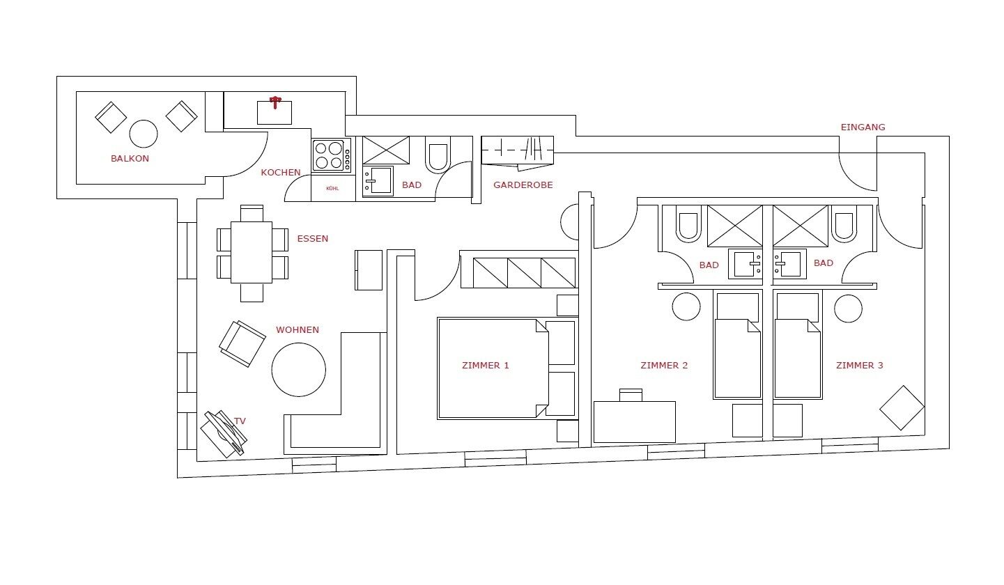 Plano de un hotel que incluye balcón, cocina, comedor, sala de estar, tres dormitorios y un baño.