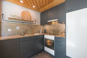 Eine moderne Küche mit dunklen Schränken, einem eingebauten Backofen und einer Spüle aus Edelstahl.