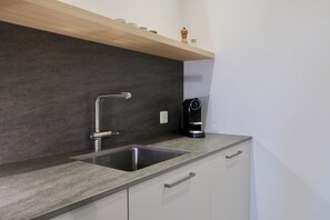A kitchen with a stainless steel sink, a coffee machine, and a wooden shelf above. - Chesa Piol Studio – Modern Studio with a View & Wellness Facilities (Maloja)