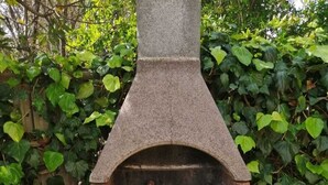 Ein Kamin aus Stein im Freien mit Holzscheiten und einer Schaufel darin.