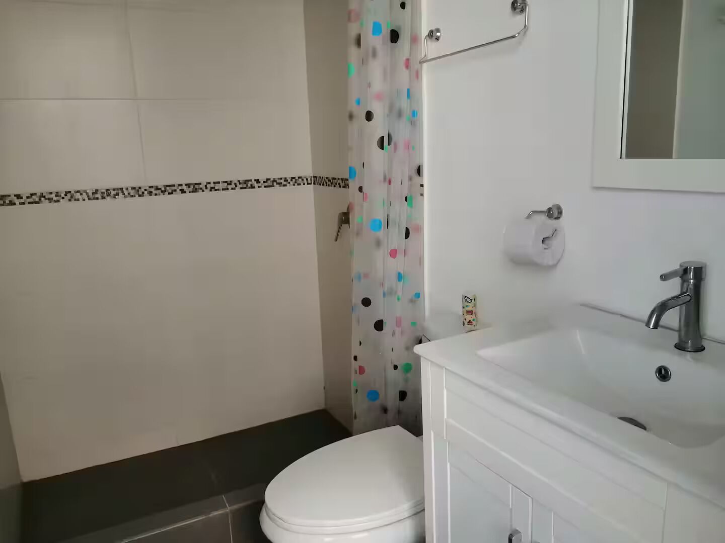 Un baño con inodoro, lavabo y cortina de ducha.