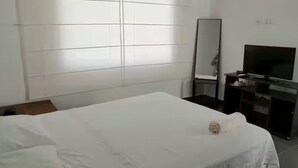 A hotel room with a bed, a television, a mirror, and a dresser. - De-stress in the tranquility of the beautiful bay (Pucusana)