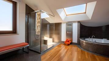 Shower, hair dryer, towels