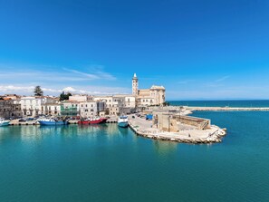 A coastal town with a historic building, a harbor with boats, and a stone wall. - Harbour - Luxury Room Pearl (Trani)