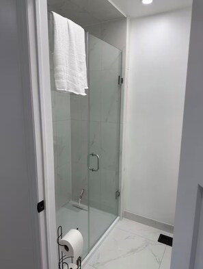 Chuveiro, secador de cabelo, toalhas de banho, sabonete