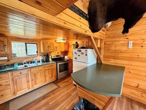 A wooden cabin interior with a kitchen area, including cabinets, a refrigerator, and a sink. - Camp Up North | Water Access | Snowmobile & ATV (Rockwood)