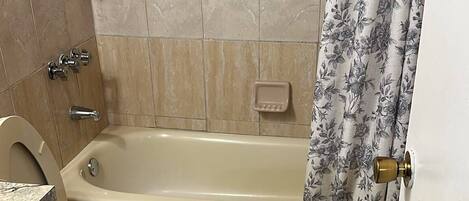 A bathroom with a bathtub, toilet, shower, and a window with a metal screen.