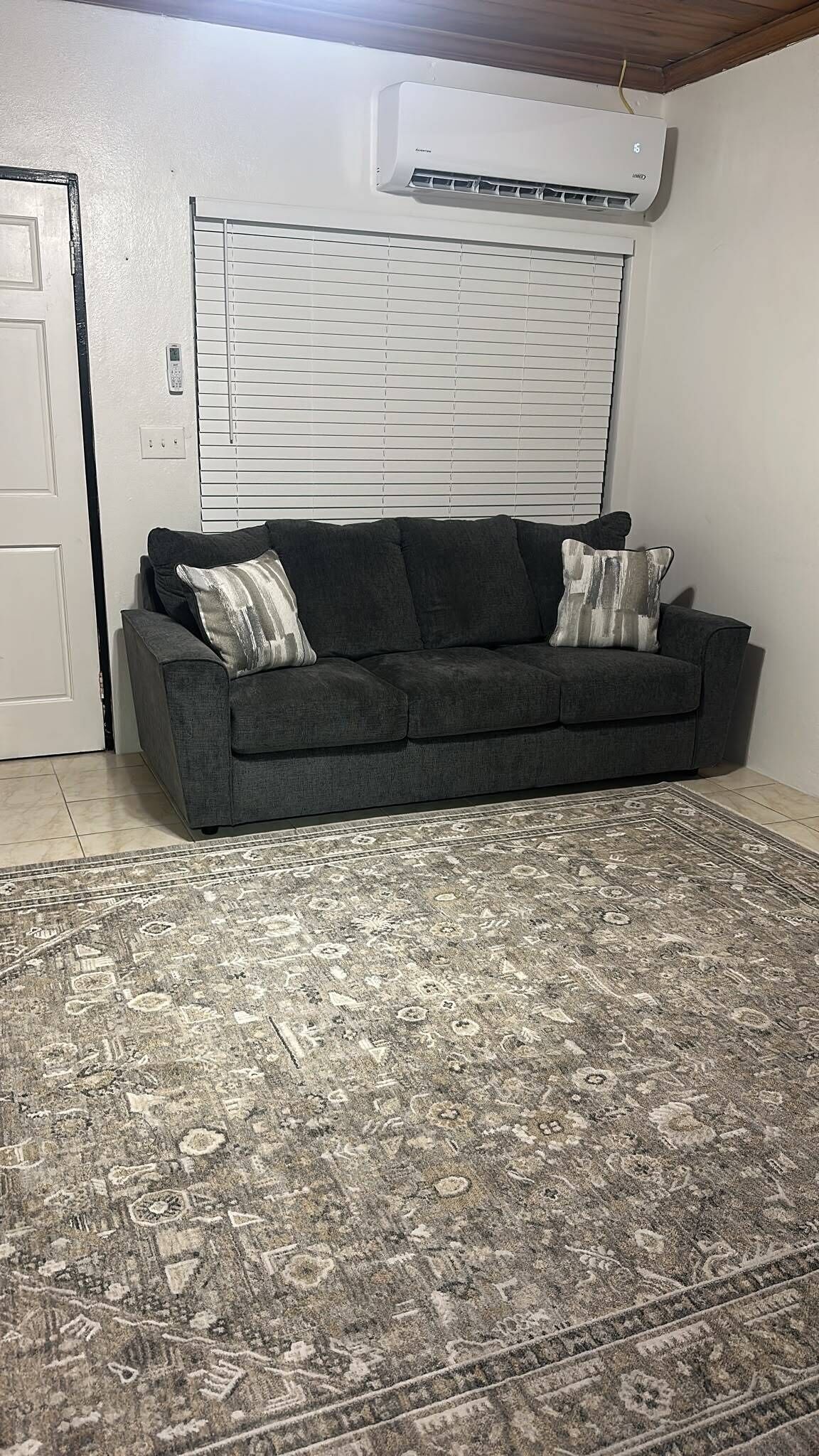 Un salón con sofá gris, alfombra estampada, paredes blancas y aire acondicionado instalado en el techo.
