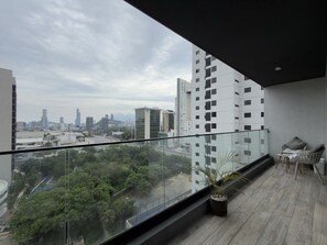 A balcony with a view of a cityscape, a potted plant, and a seating area.