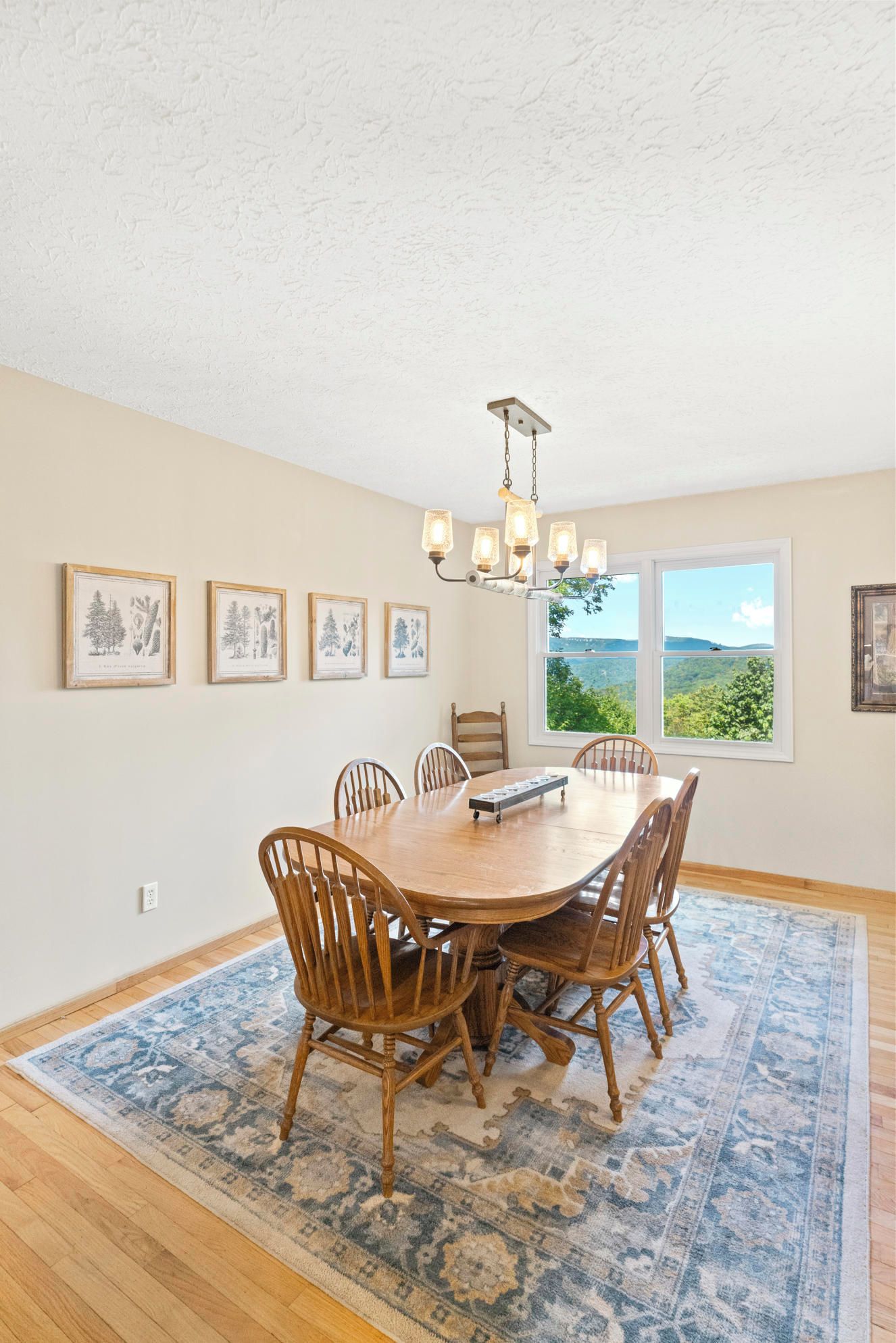 A dining area with a wooden table and chairs, a chandelier, framed botanical prints on the wall, and a view of greenery through large windows.