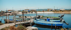 A dock with boats, a small pier, and houses in the background. - Appartement T2 en résidence - Gruissan, France 2 travellers. (Gruissan)
