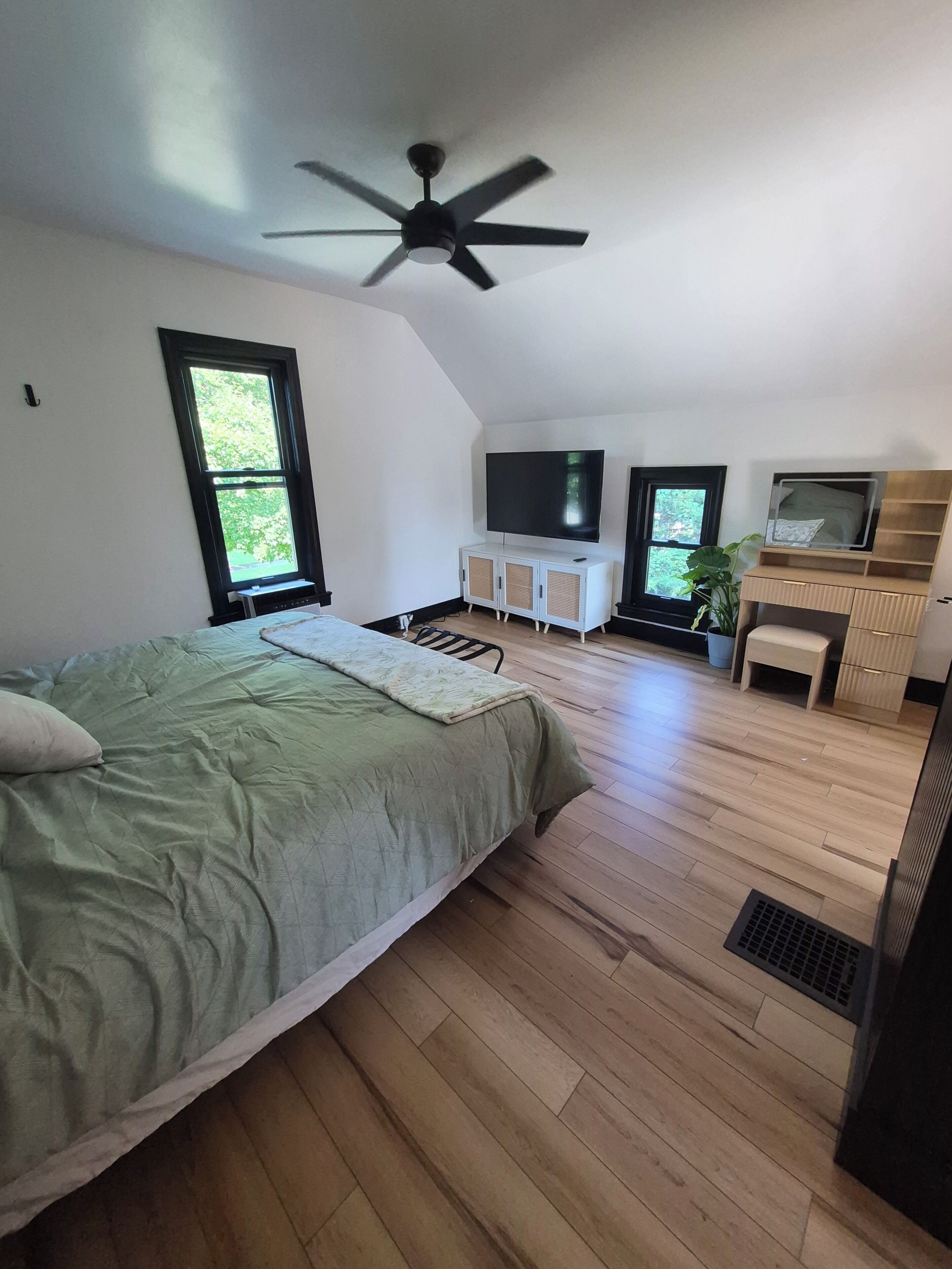 Une chambre à coucher avec un lit, un ventilateur de plafond, une télévision, une fenêtre et une plante.