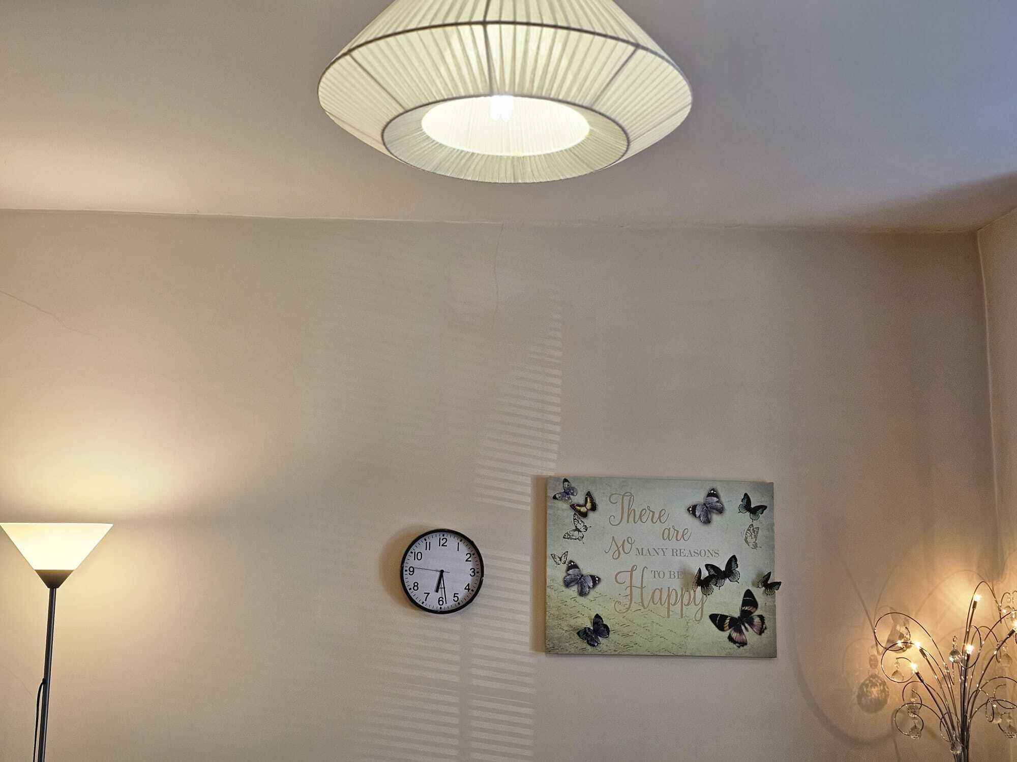 Een kamer met een wandklok, een decoratief bord met vlinders en een hanglamp.