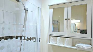 Hair dryer, towels, soap, toilet paper