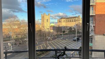 A view through a window of a city street with a historic building, a modern building, and a tree in the foreground.