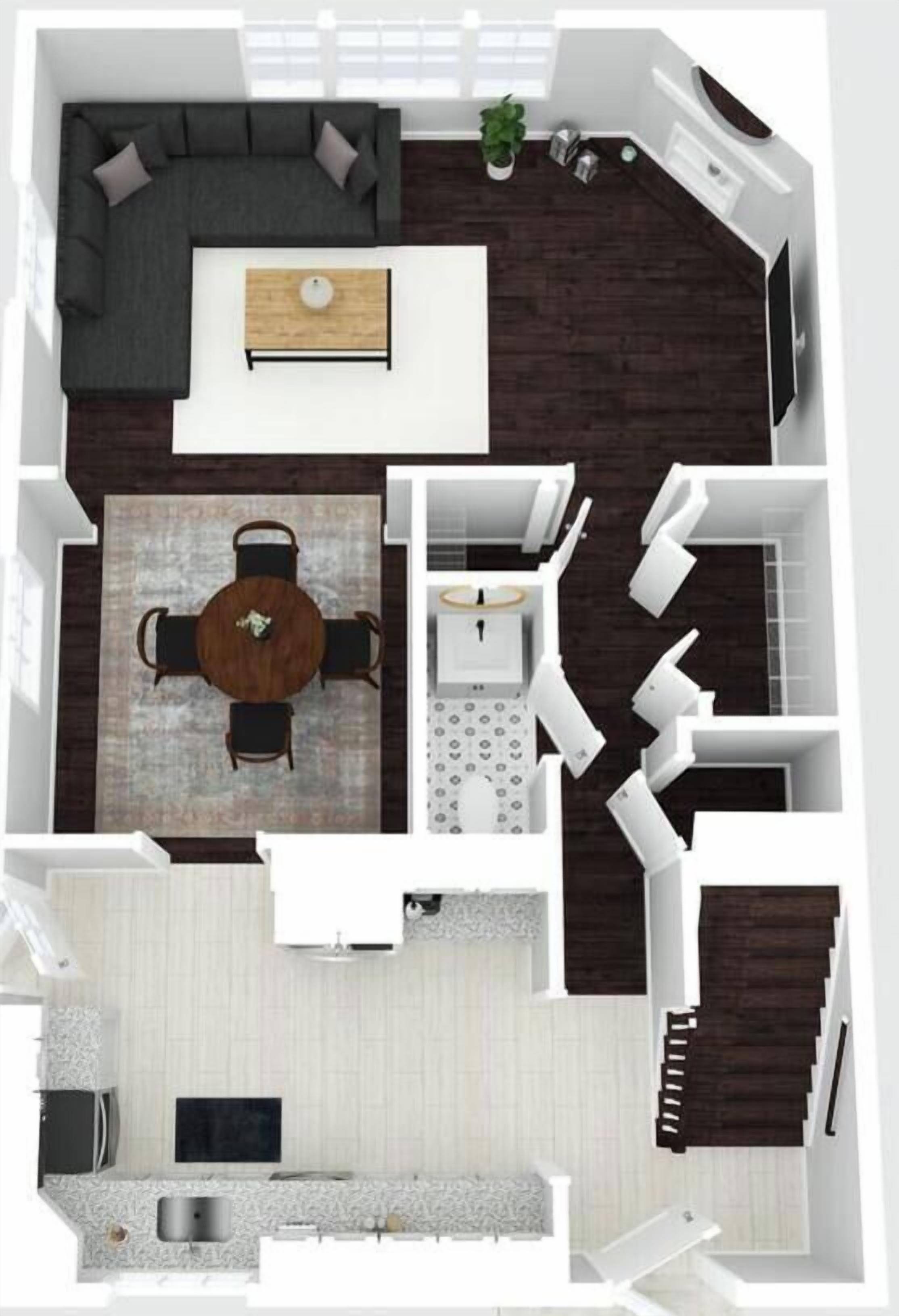 A floor plan of a modern apartment with a living area, dining space, kitchen, and a staircase.