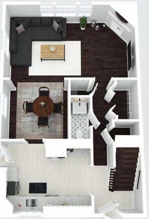 A floor plan of a modern apartment with a living area, dining space, kitchen, and a staircase. - Downtown Retreat with 2 Primary Suites (Leesburg)