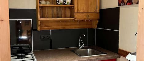 Una cocina compacta con estufa a gas, un lavamanos y un mueble de madera sobre la encimera.