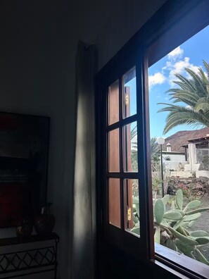 A room with a window, a wall-mounted shelf with decorative items, and a cactus plant outside. - Casa Oasis Playa Blanca (Playa Blanca)
