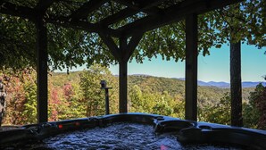 Un bain à remous avec vue sur un paysage boisé.