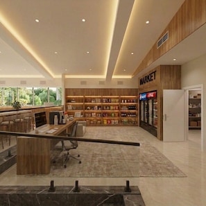 Una oficina moderna con interior de madera, una recepción y un área de mercado visible con estantes llenos de productos.