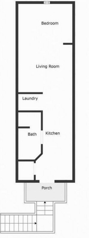 Plano de planta que muestra un dormitorio, sala de estar, lavandería, baño, cocina y porche.