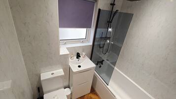 Hair dryer, towels, soap, toilet paper