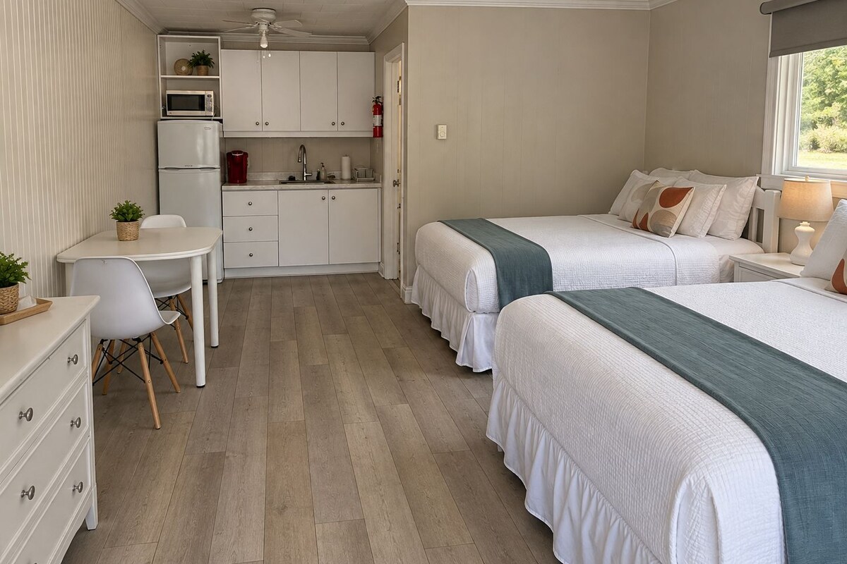 A compact room with a kitchenette, two beds, a desk, and a chair.