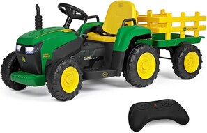 A toy John Deere tractor with a trailer and remote control.