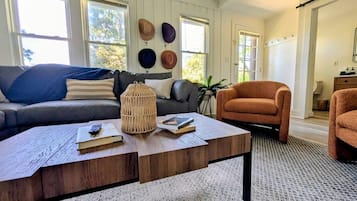TV, fireplace, books