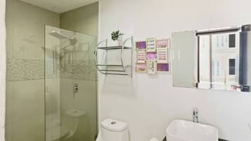Douche, serviettes fournies, savon, shampoing