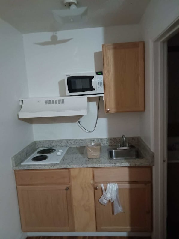 A kitchen with a microwave, a sink, a countertop, and wooden cabinets.