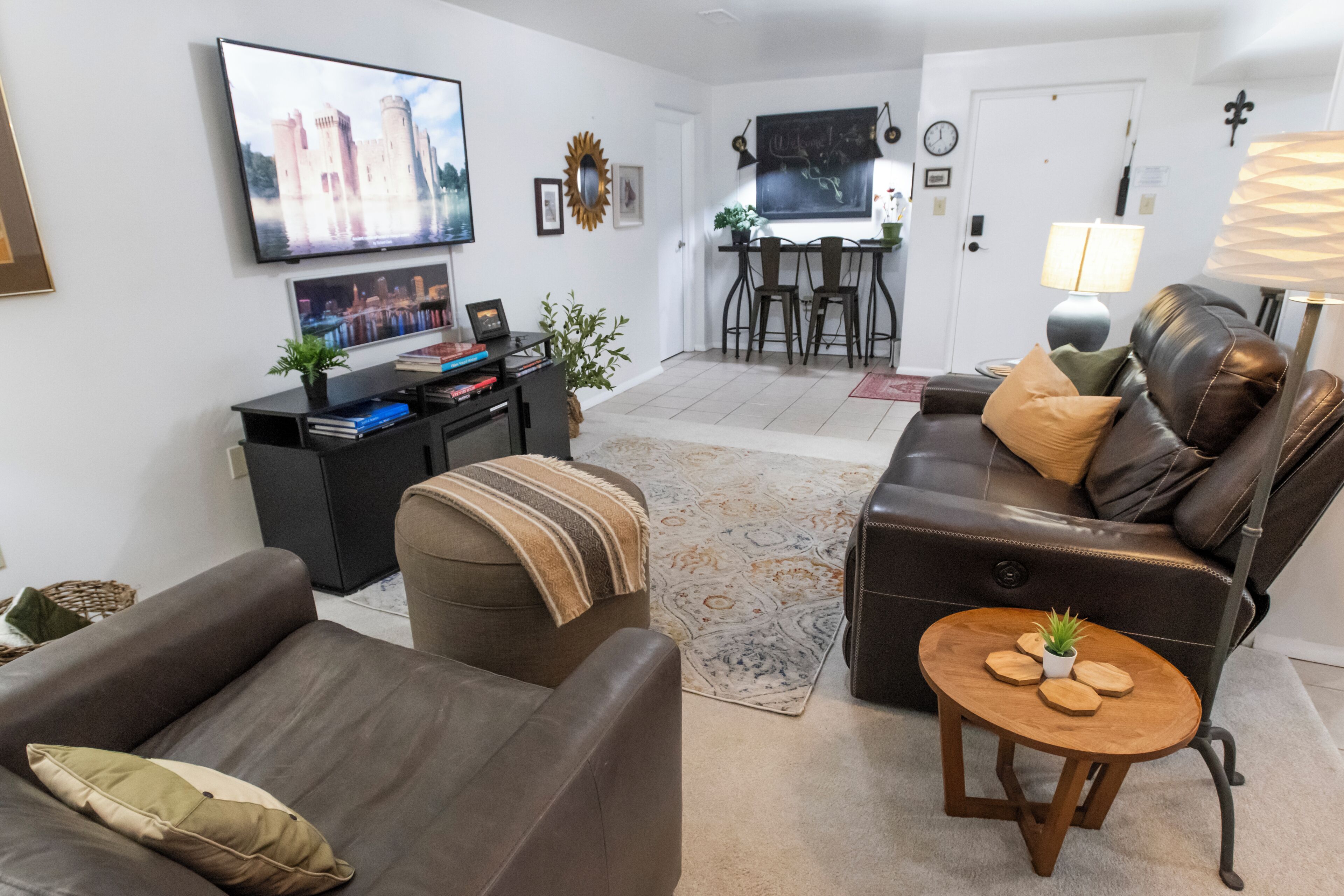 TV, fireplace, books