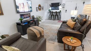 TV, fireplace, books