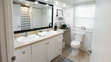 Hair dryer, towels, soap, toilet paper