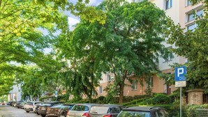 A row of parked cars along a cobblestone street lined with trees and buildings. - Abrahama 36 - by Grand Apartments (Gdynia)
