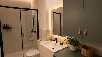 Shower, hair dryer, towels, soap