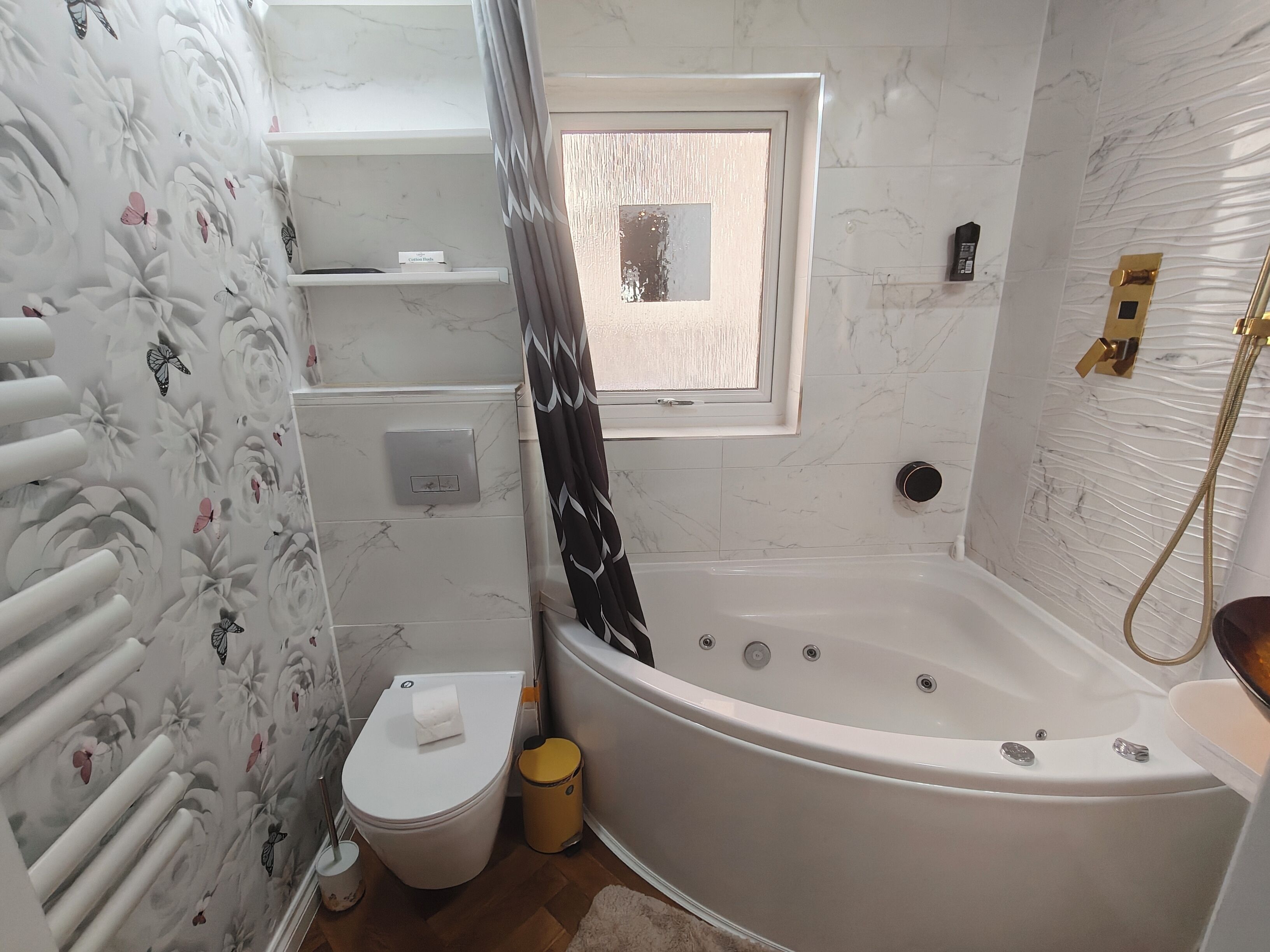 Hair dryer, towels, soap, toilet paper